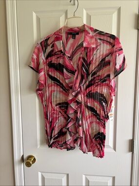 Style & Co. Pink, Black and White Ruffle-Front Blouse